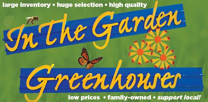 In The Garden Greenhouse sign with yellow script, flowers, butterfly, and green background