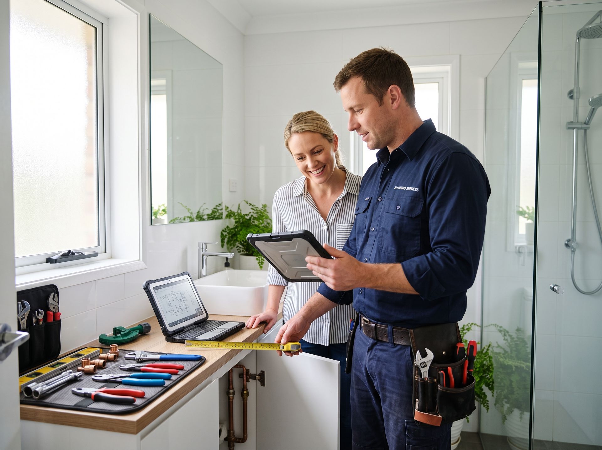 Two people reviewing a tablet in a bright home workshop, with tools and a laptop on the counter.