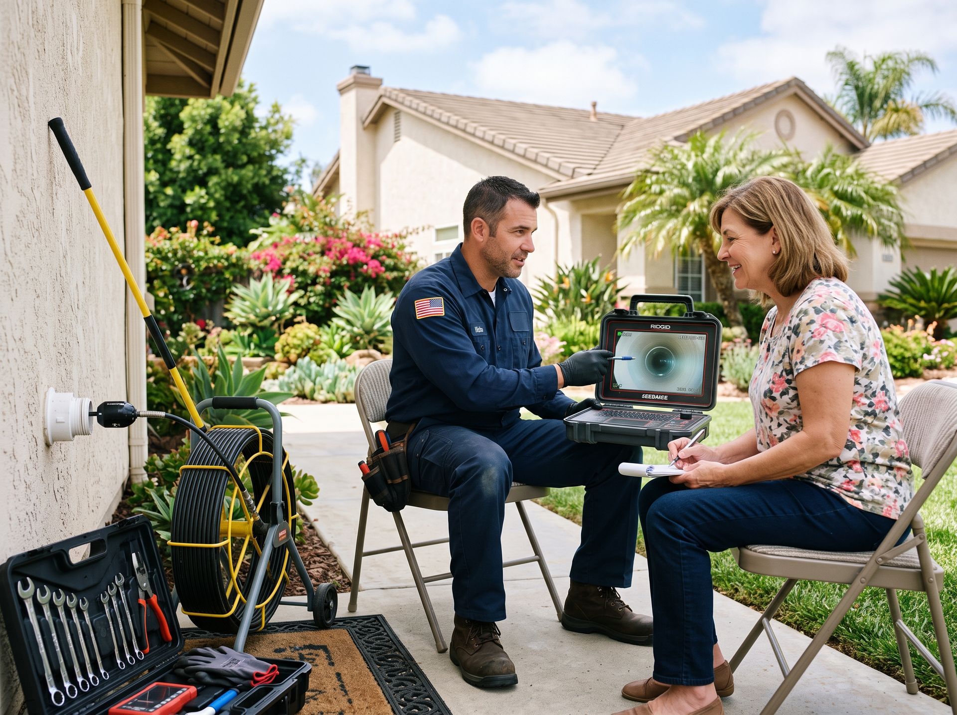 Technician and woman review equipment on a laptop beside a house in a garden.
