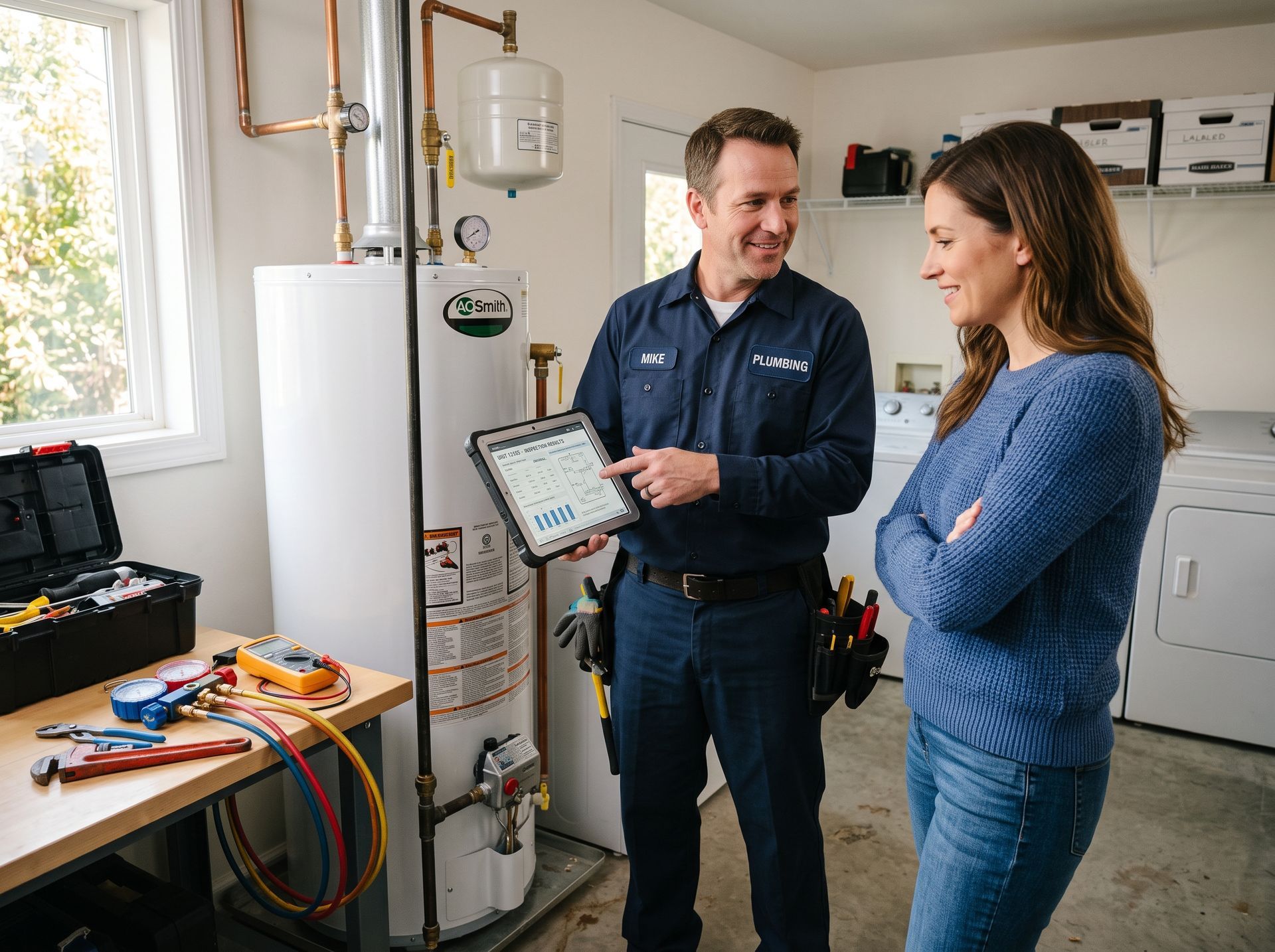 Technician showing a woman a tablet in a utility room with water heater and tools