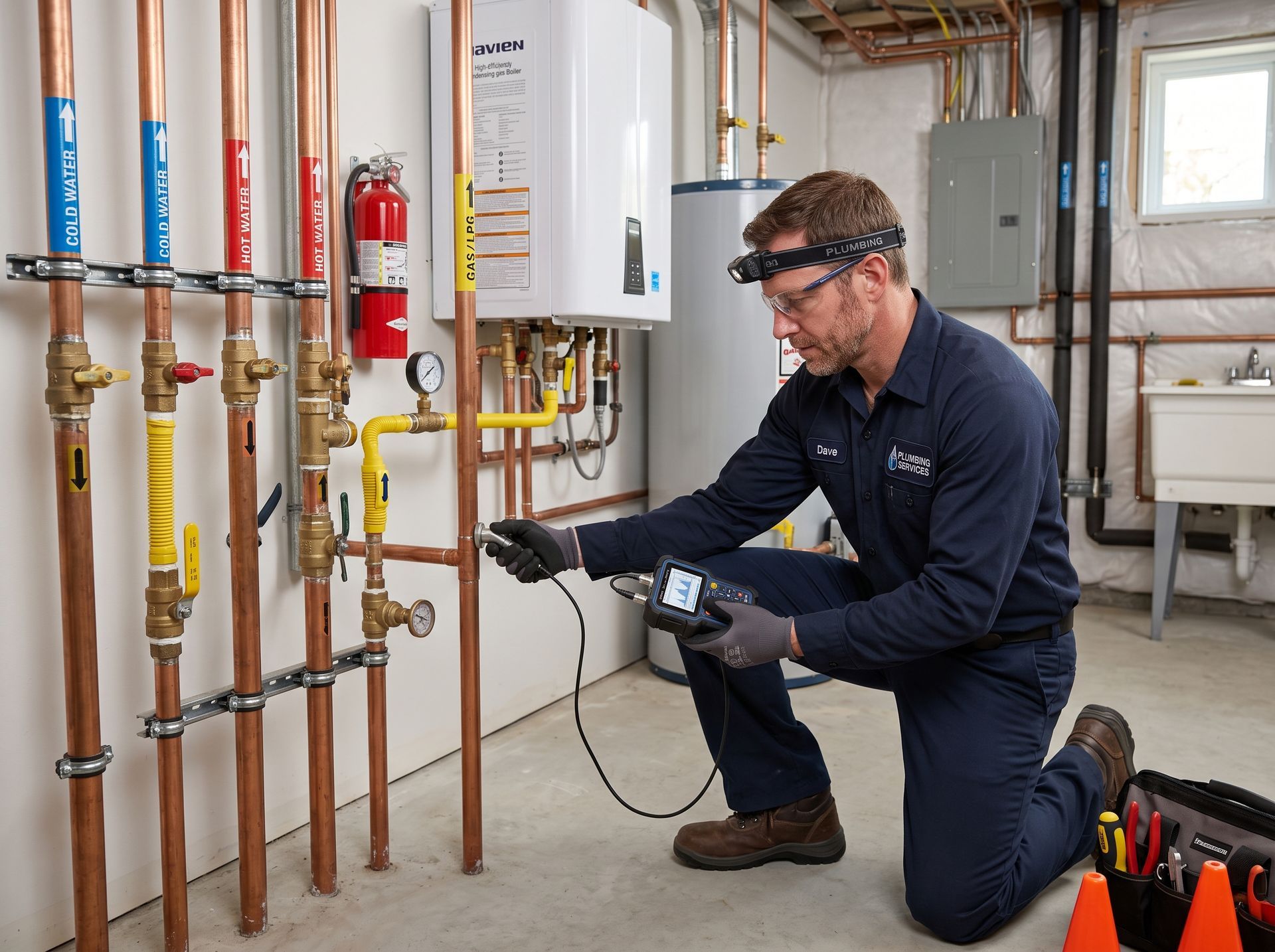 Technician inspecting gas piping and boiler system in a utility room with a thermal camera