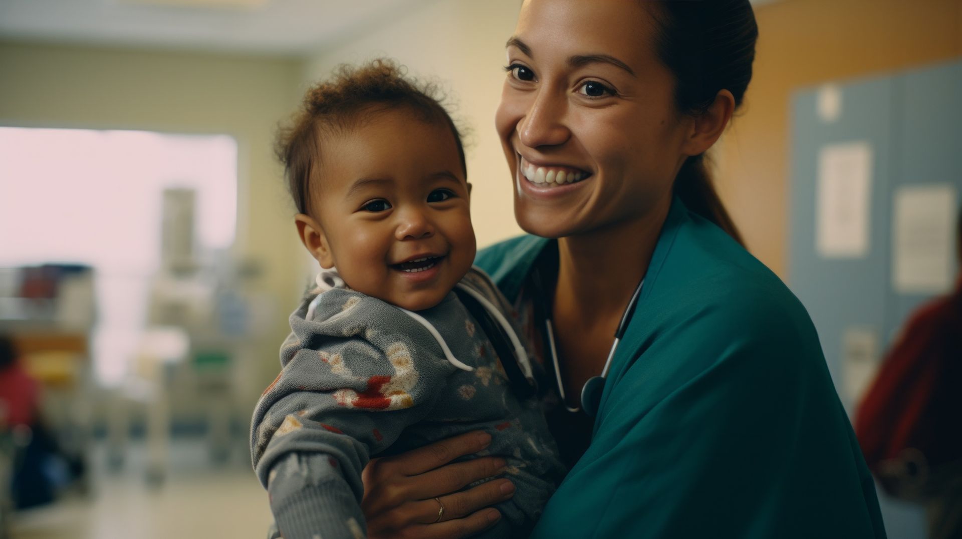 A nurse is holding a baby in her arms in a hospital.