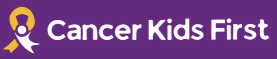 Cancer Kids First logo with a purple ribbon and yellow lightbulb icon on a purple background