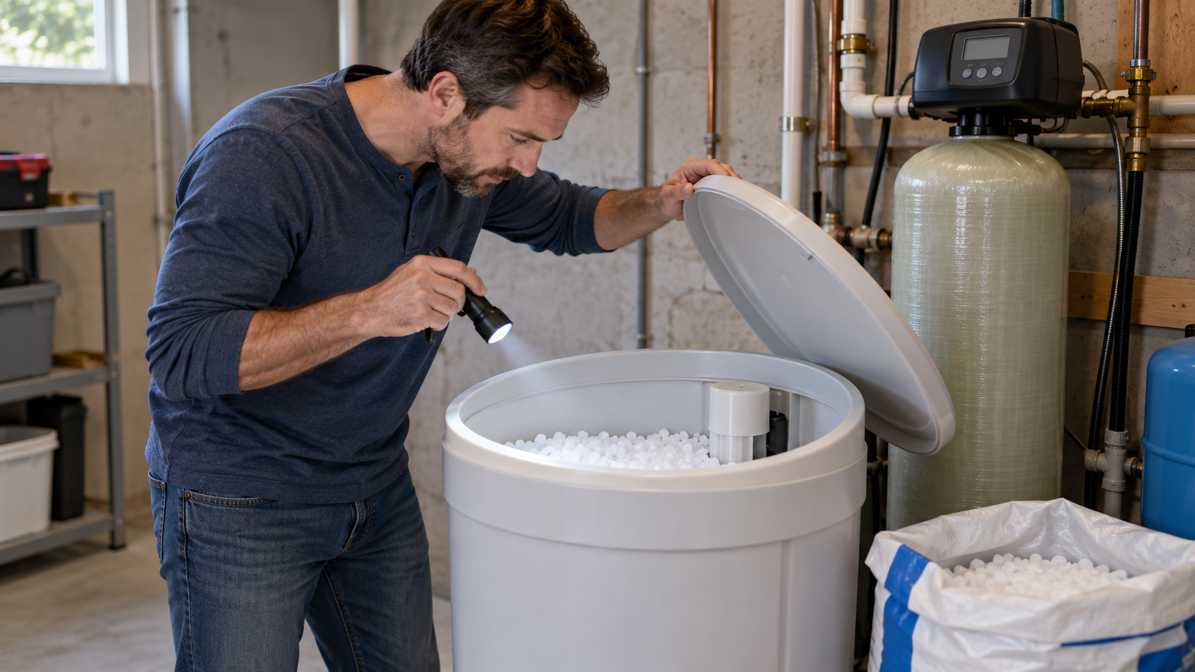 Homeowner_inspecting_salt_level_inside_water_softener_brine_tank