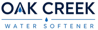 Oak Creek Water Softener Logo with Blue Water Droplet Lettermark, Minimal Line Graphic, and Company Name in Oak Creek, WI