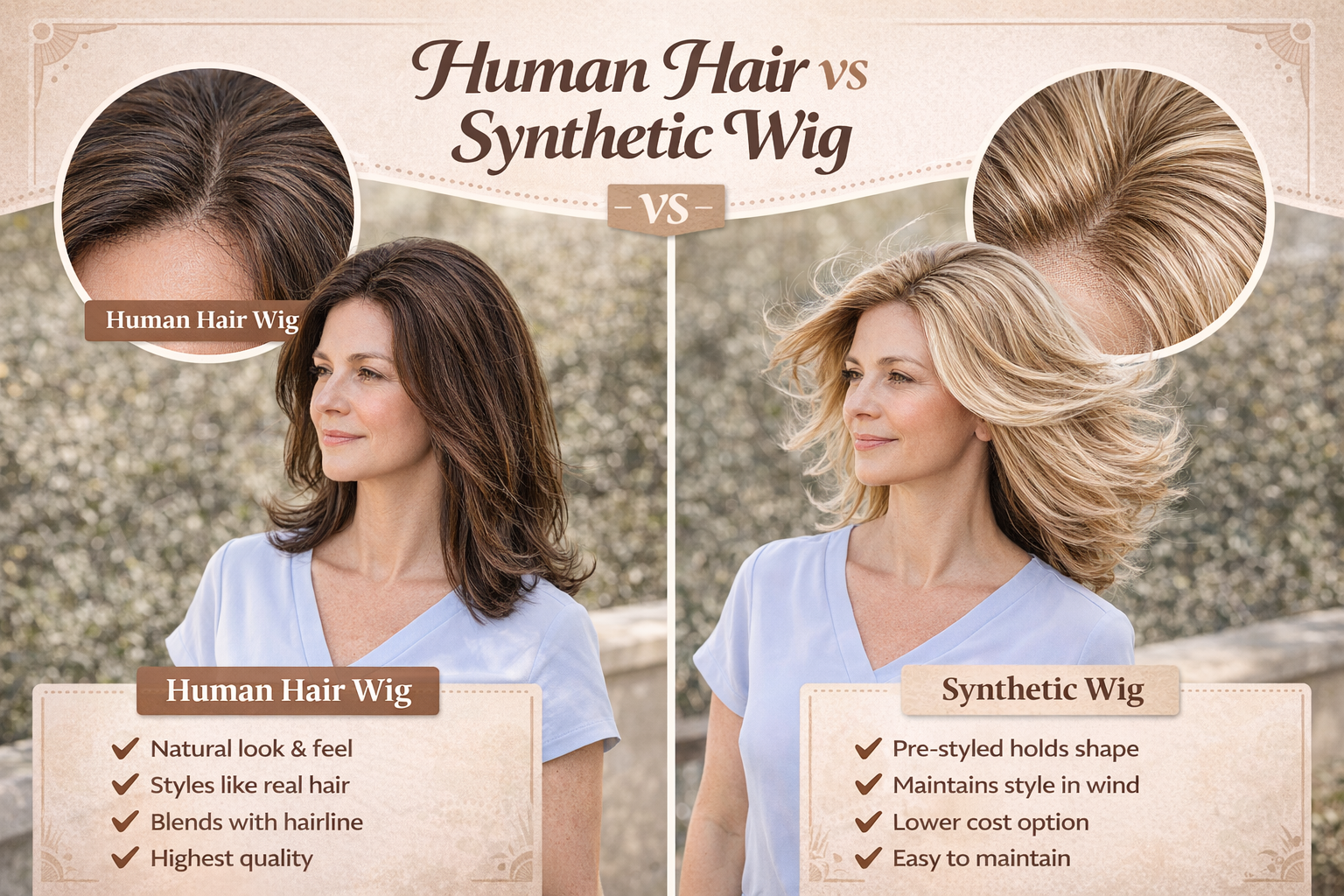 Human hair wigs vs synthetic wigs comparison showing natural appearance, styling options and mainten