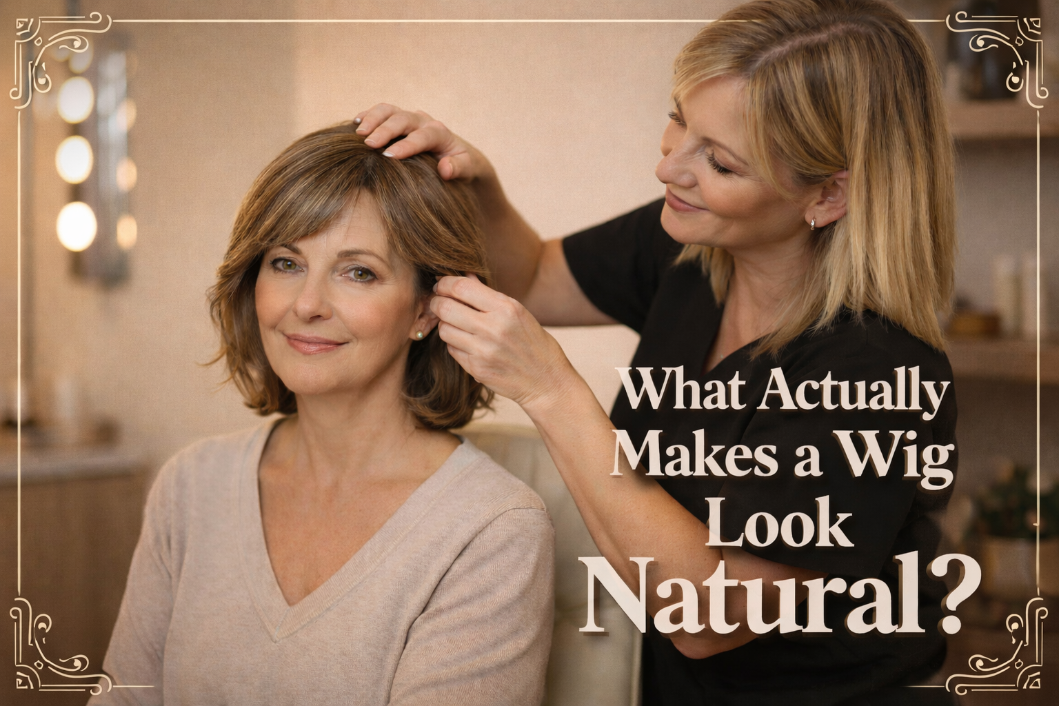 what makes a wig look natural stylist fitting realistic wig on woman in supportive setting