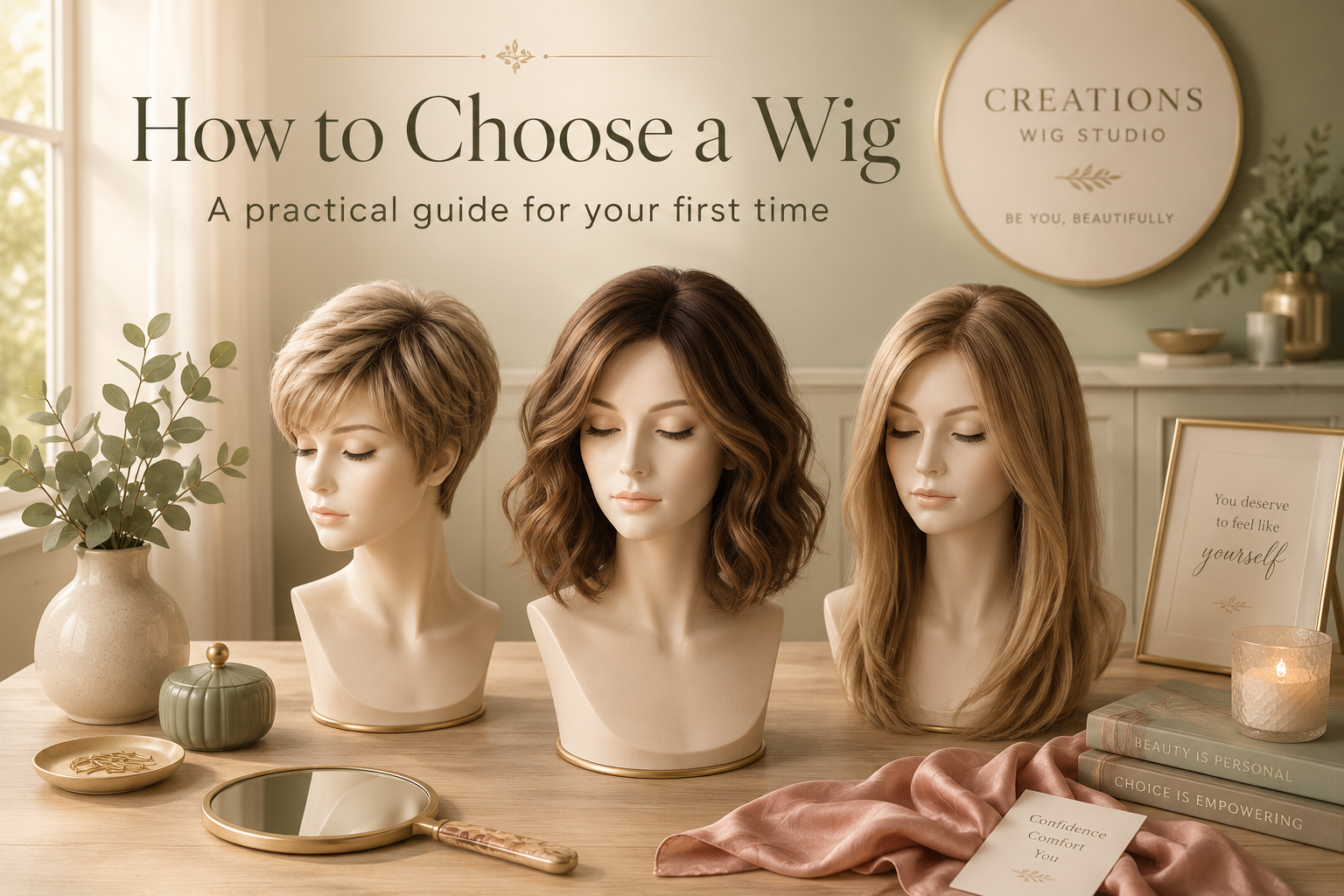 How to choose a wig — three wig cap styles displayed in a Creations Wig Studio styling space.