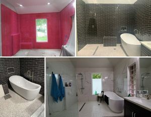 Collage of modern bathroom interiors with pink, black, and white tile, featuring a freestanding tub and vanity.