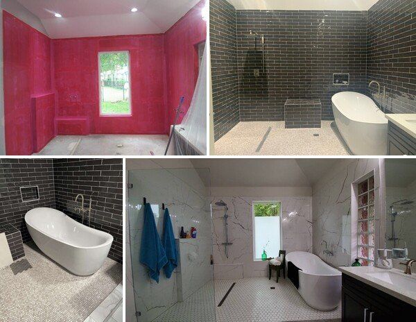 Collage of modern bathroom designs with pink and gray tile, freestanding tubs, and a vanity sink