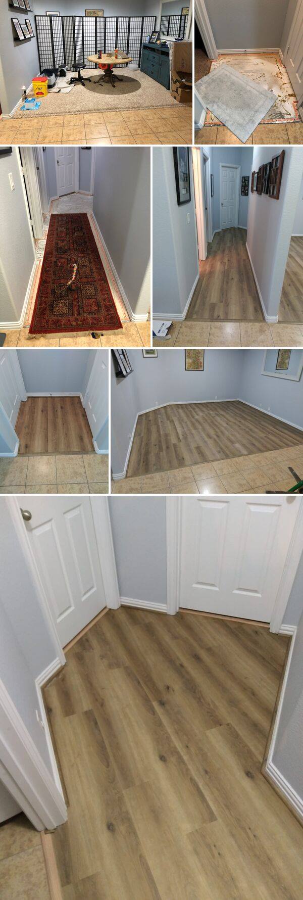 Collage of small room renovation stages with light wood flooring, white trim, and built-in cabinets