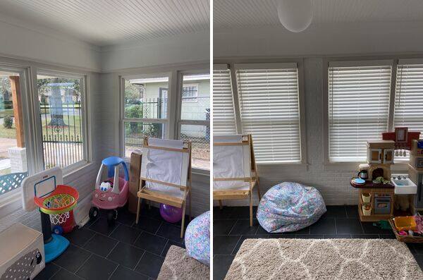 Sunroom corner with children’s toys, bean bags, windows, and blinds in a bright room