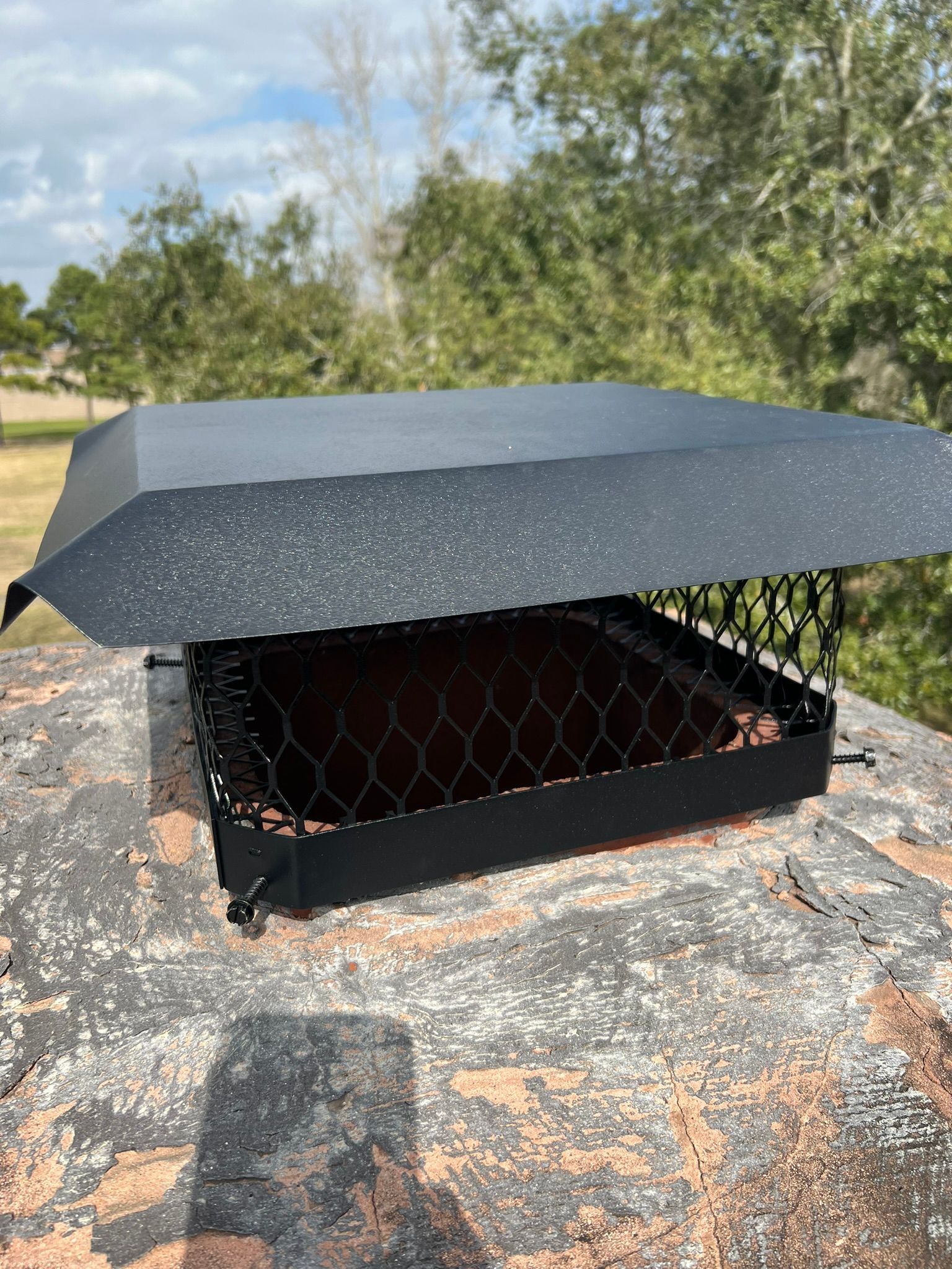 Black chimney cap on a rooftop vent with chicken wire, outdoors under a cloudy sky.