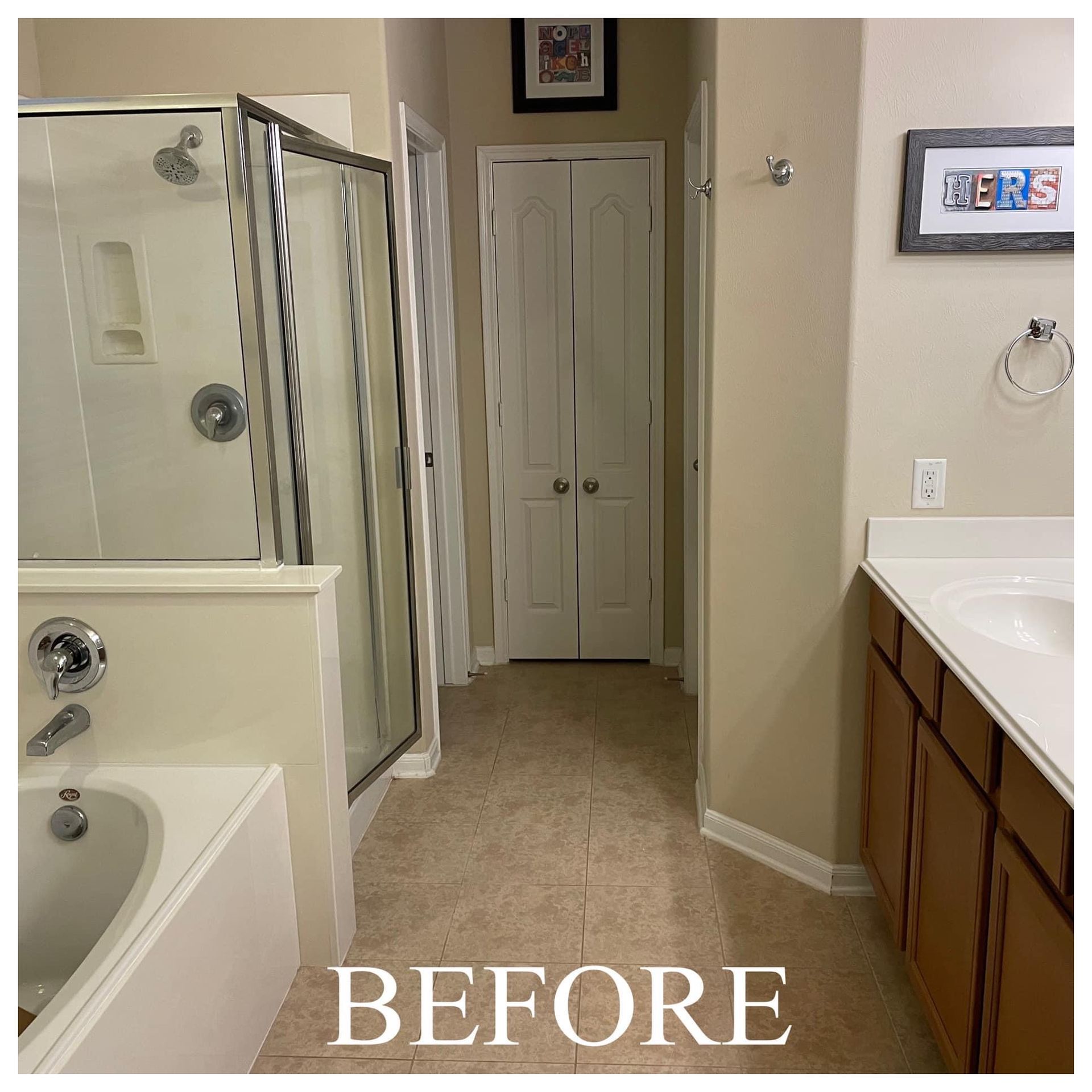 Bathroom with beige tile, shower, tub, vanity, and a hall closet, labeled “BEFORE”