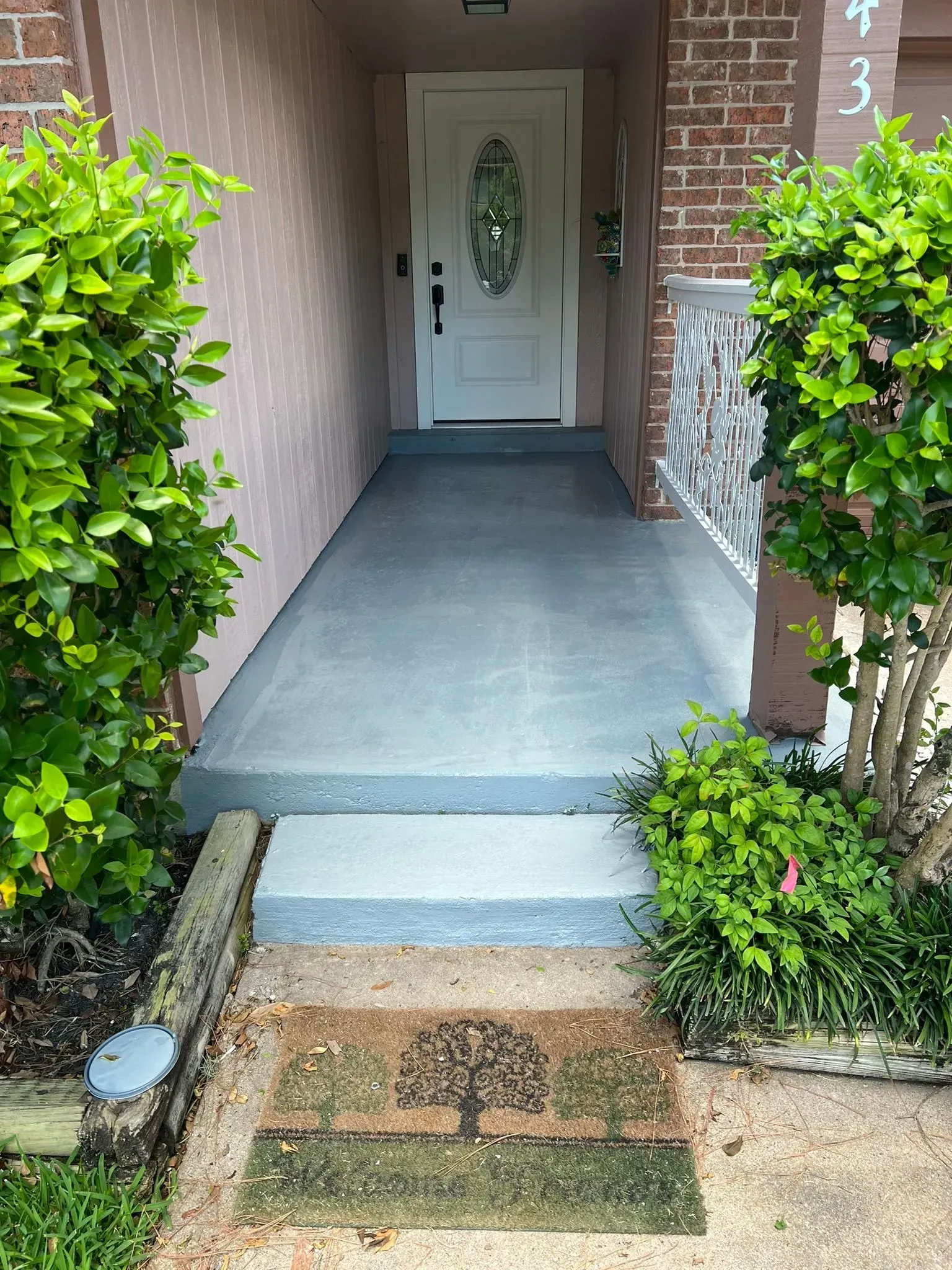 Front porch walkway with steps leading to a white front door, framed by green shrubs and brick walls.