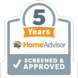 HomeAdvisor 5 Years screened and approved badge with gray, orange, and white colors