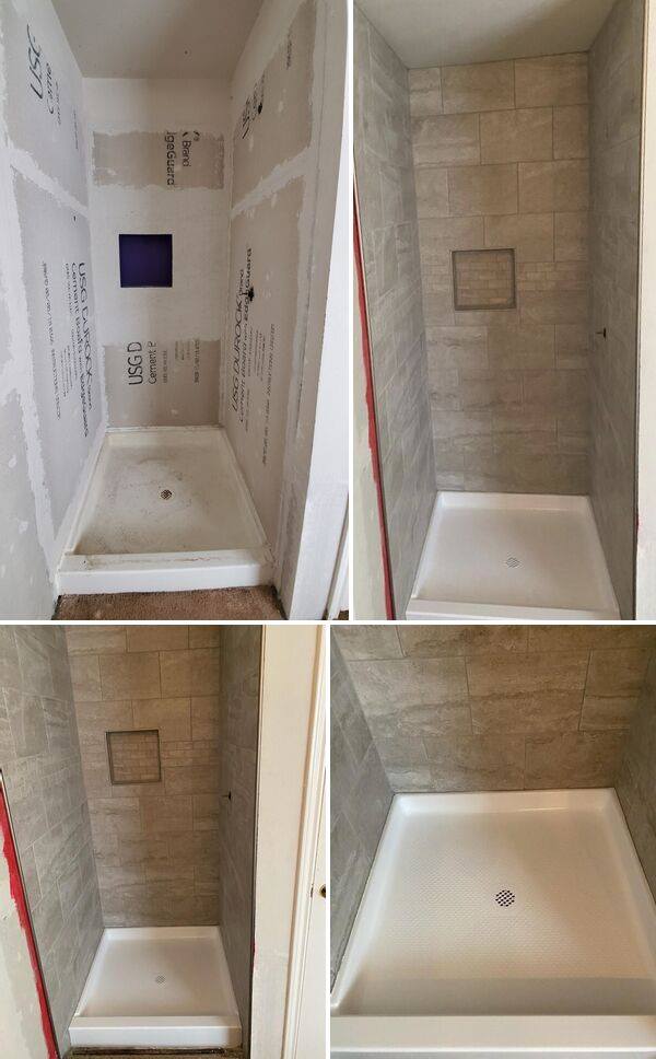 Four-panel view of a tiled shower under construction, showing multiple angles and a square niche.