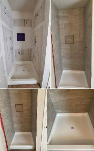 Four-panel view of a tiled shower under renovation, showing white pan, beige walls, and a purple wall patch