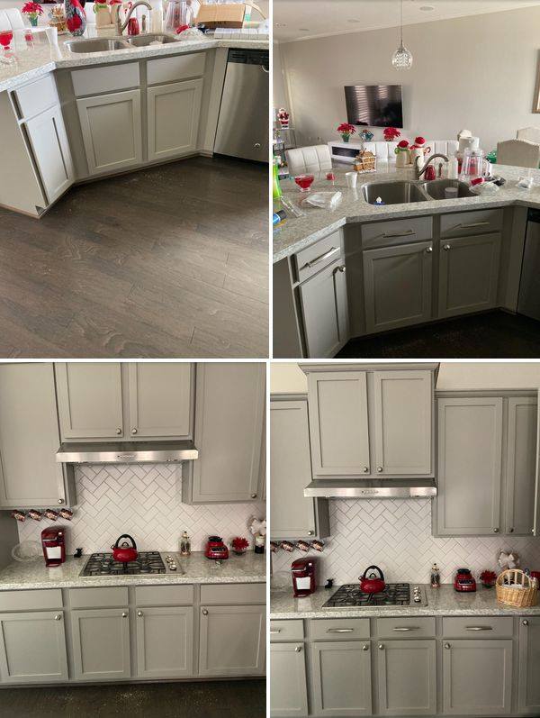 Before-and-after kitchen counters and stove cleaned and organized, with white cabinets and gray flooring.