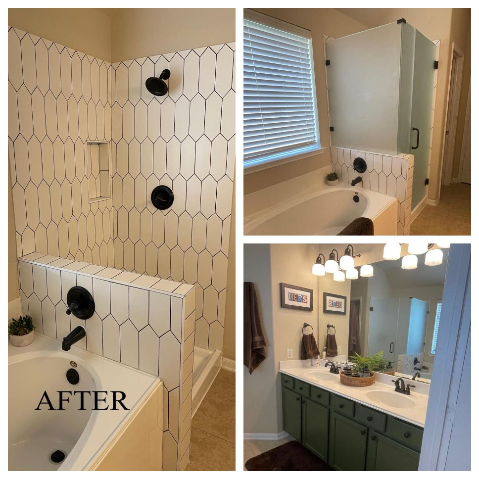 Bathroom remodel collage: tiled shower, bathtub with white cabinets, and green vanity with mirror lights