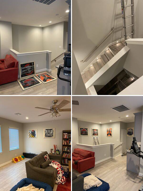 Collage of a finished basement with red and beige seating, stairwell, and TV/game area