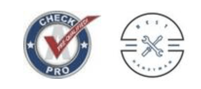Two circular logos: CHECK PRO badge with red checkmark and a wrench icon emblem.