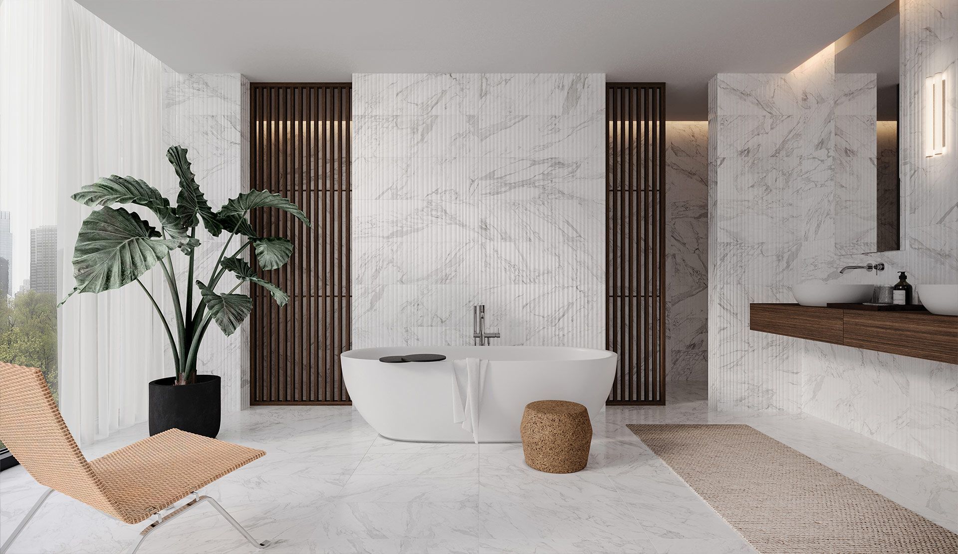 Modern spa bathroom with freestanding tub, marble walls, wooden accents, and a potted plant