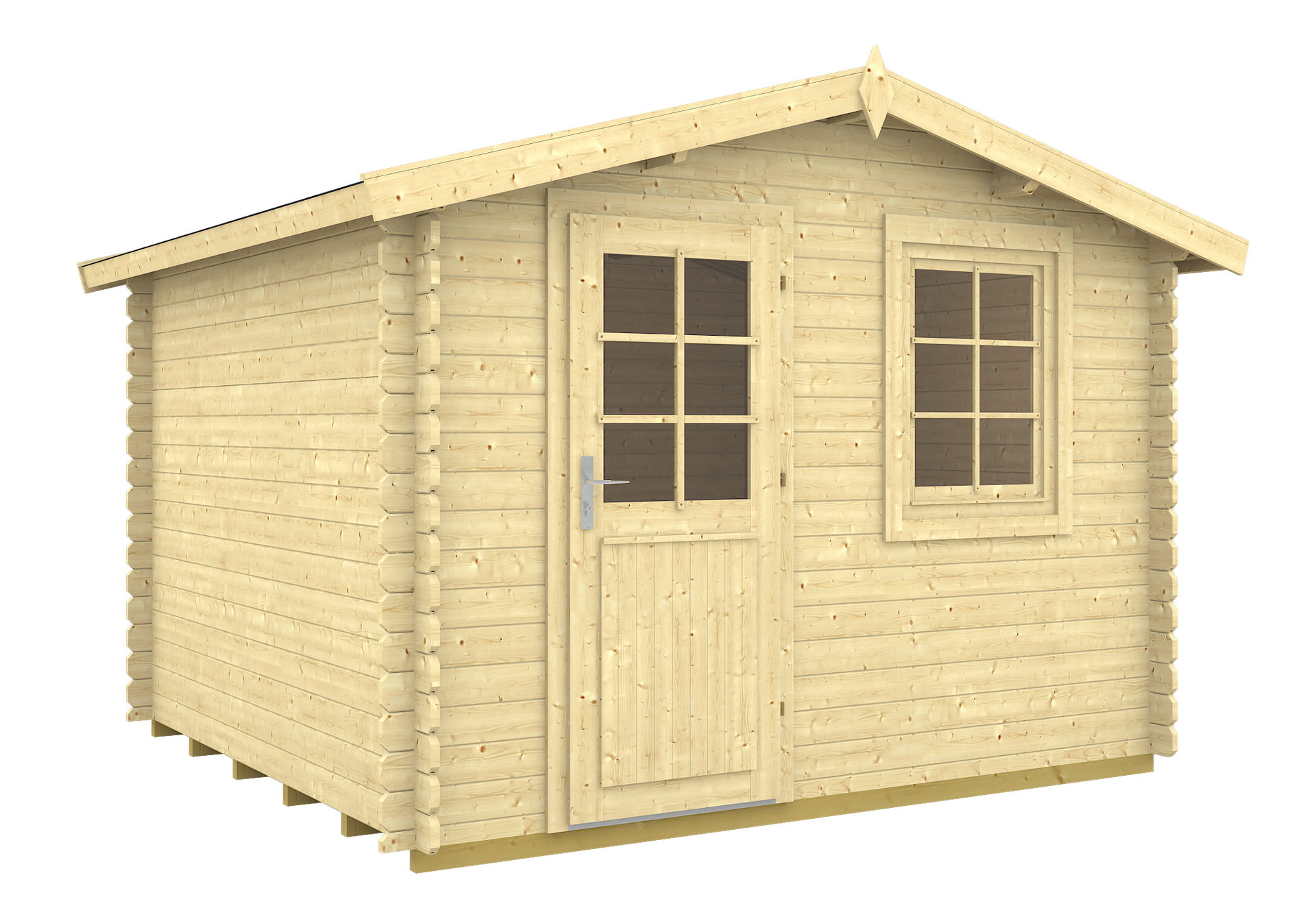 Small wooden shed with a sloped roof, front double doors, and one side window in black-and-white line art