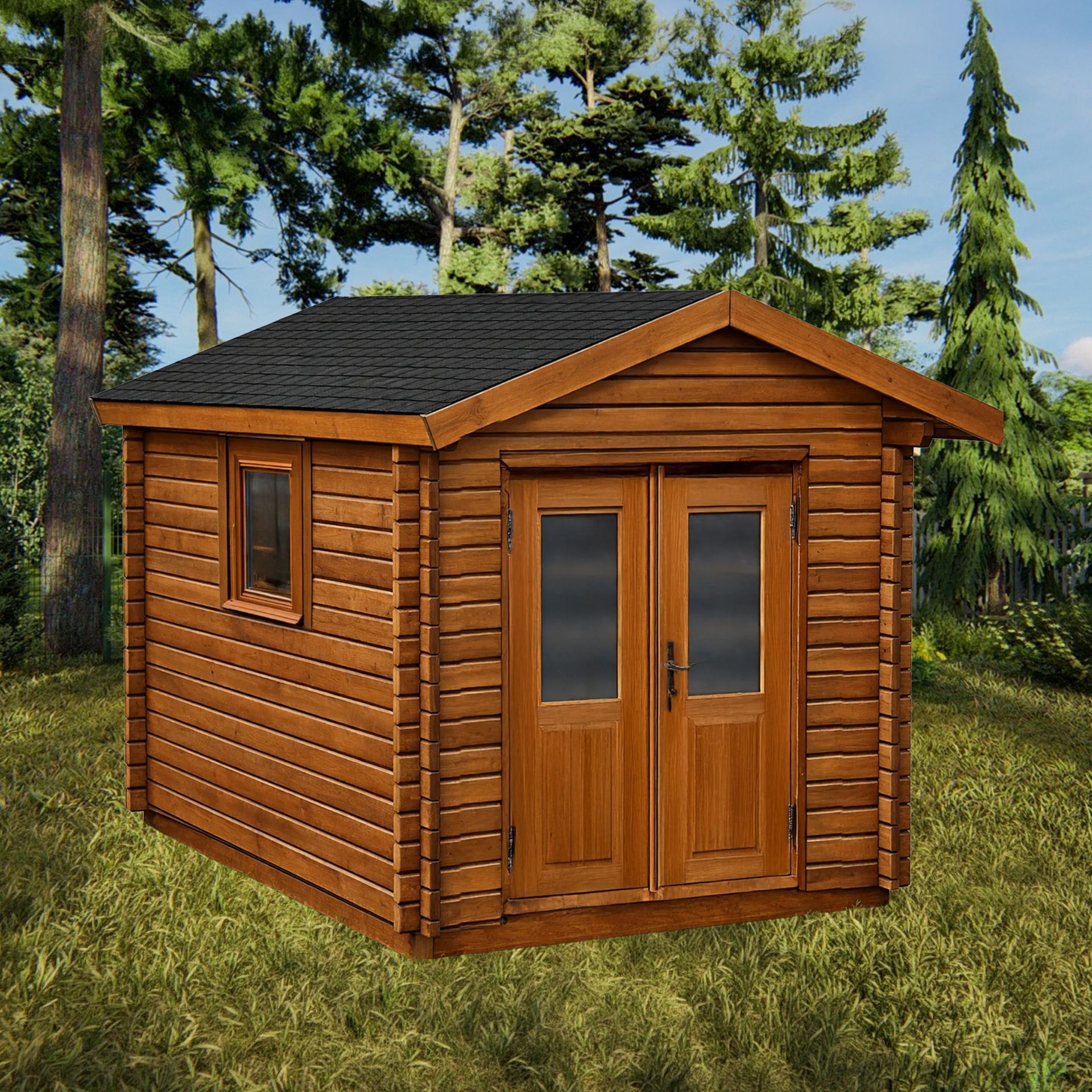 Chloe 9 - Small wooden garden shed with a dark roof, set in grassy woods.