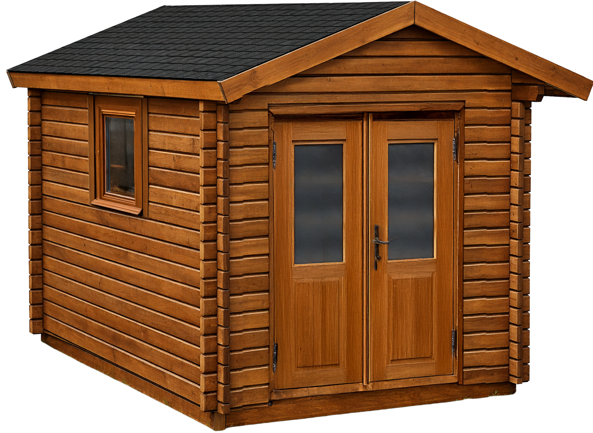 Small wooden shed with double front doors and a side window, shown on a white background