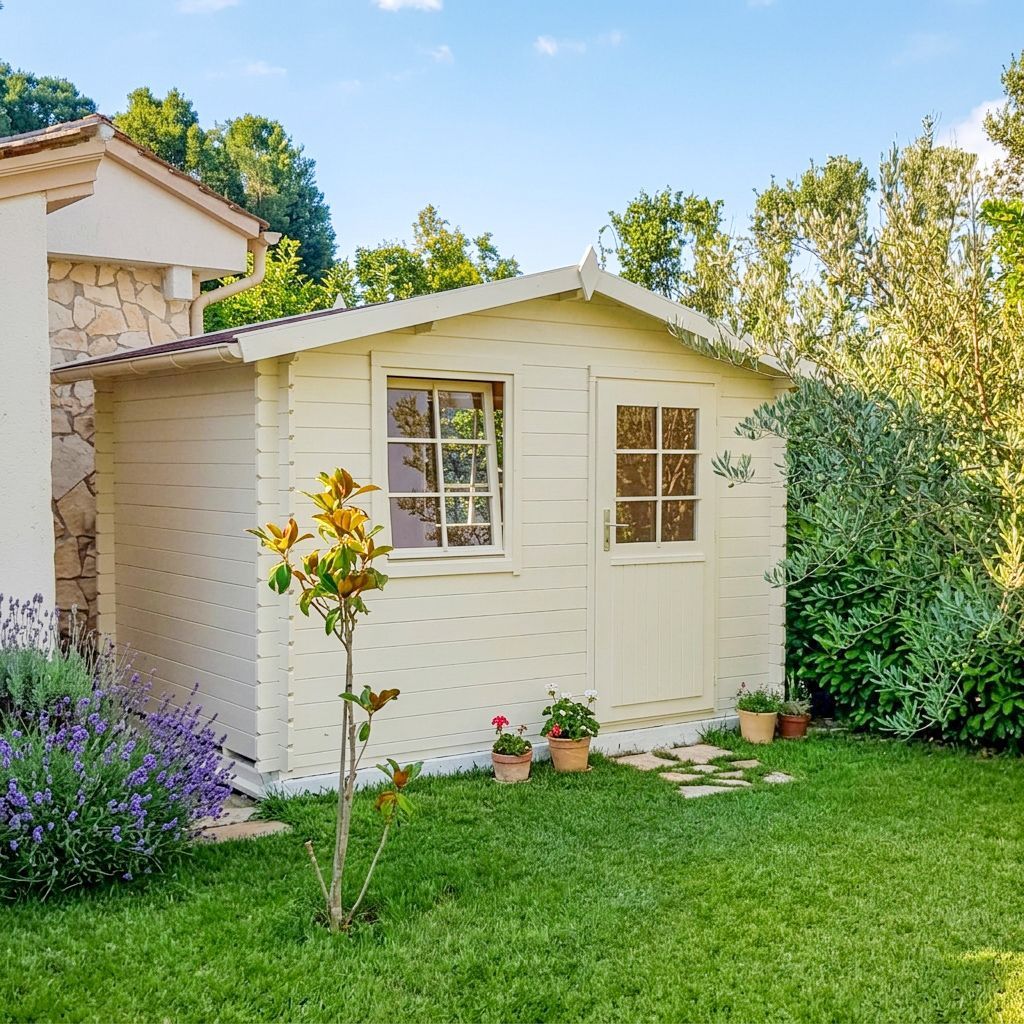 Grettel 7 - White garden shed with windows and door in a sunny green backyard, surrounded by flowers and bushes