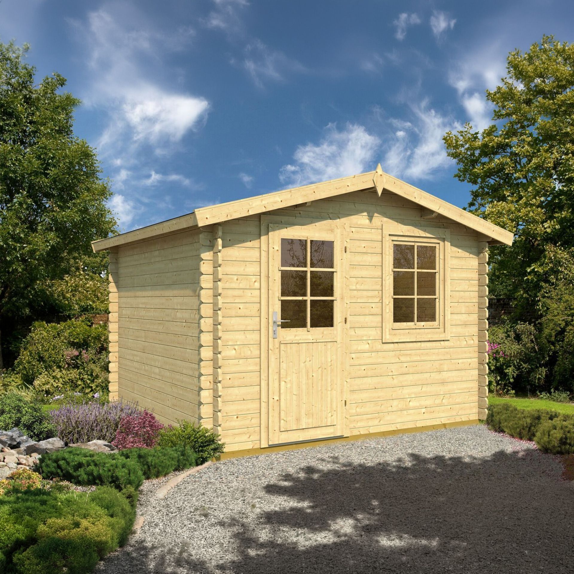 Grettel 8 - Small beige wooden garden shed with windows and double doors in a landscaped yard under a blue sky