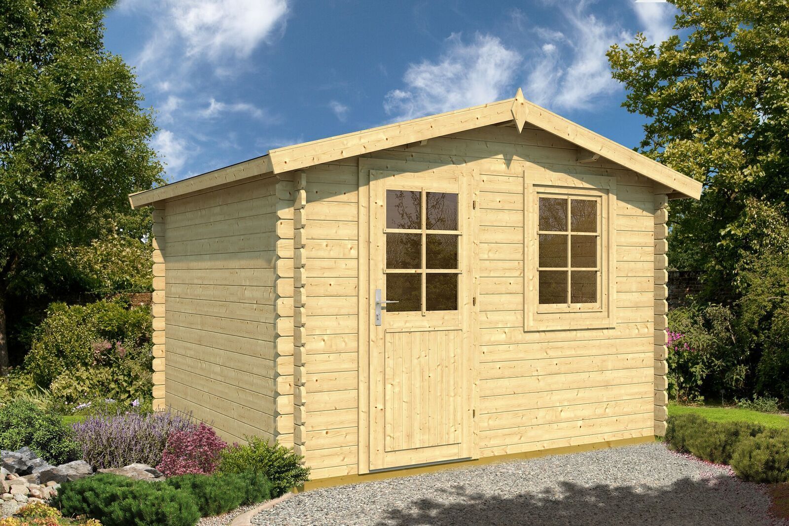 Light wooden garden shed with two windows and a double door, set in a landscaped yard under a blue sky