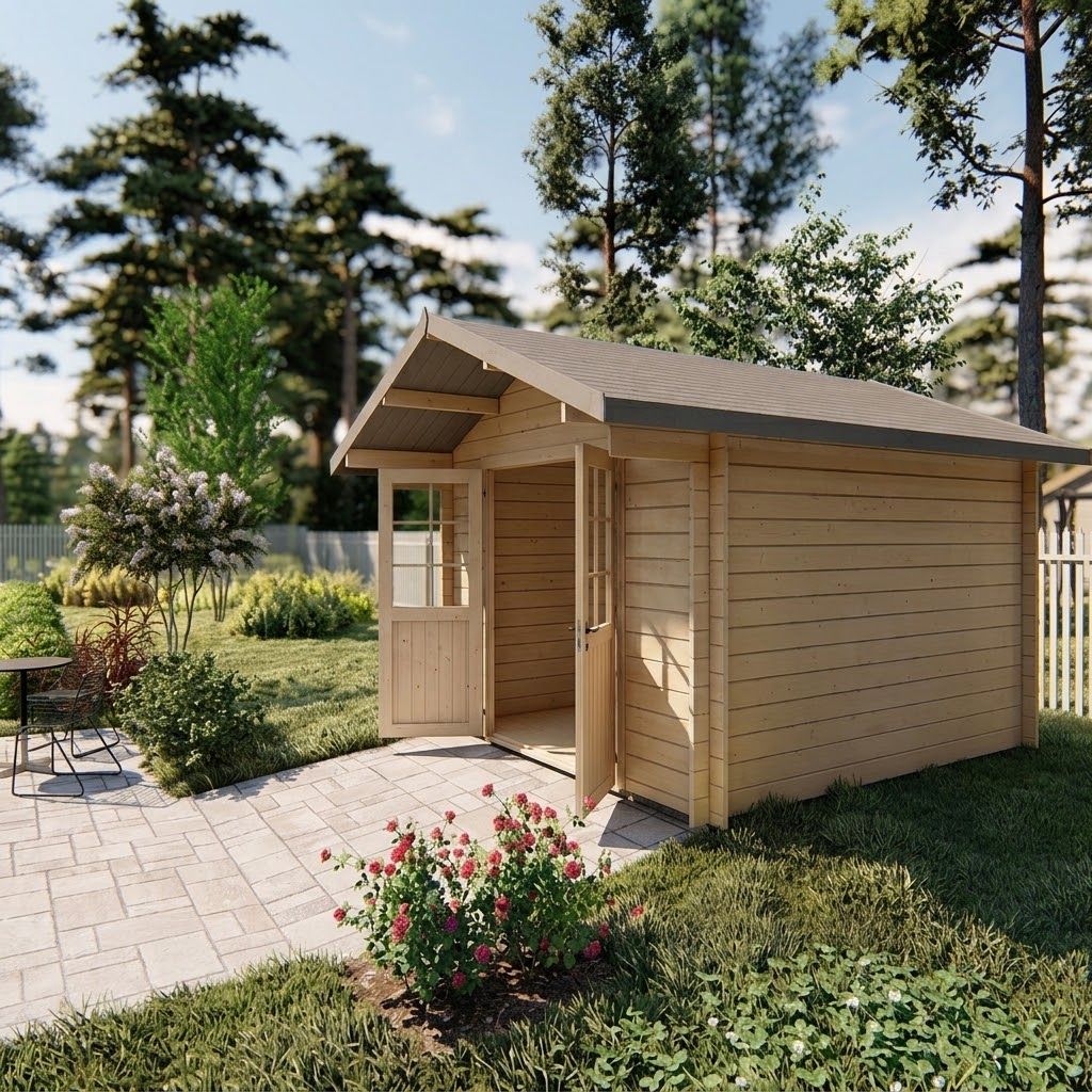 Grettel 10 - Wooden garden shed with a small porch and open door, surrounded by flowers and trees on a sunny day