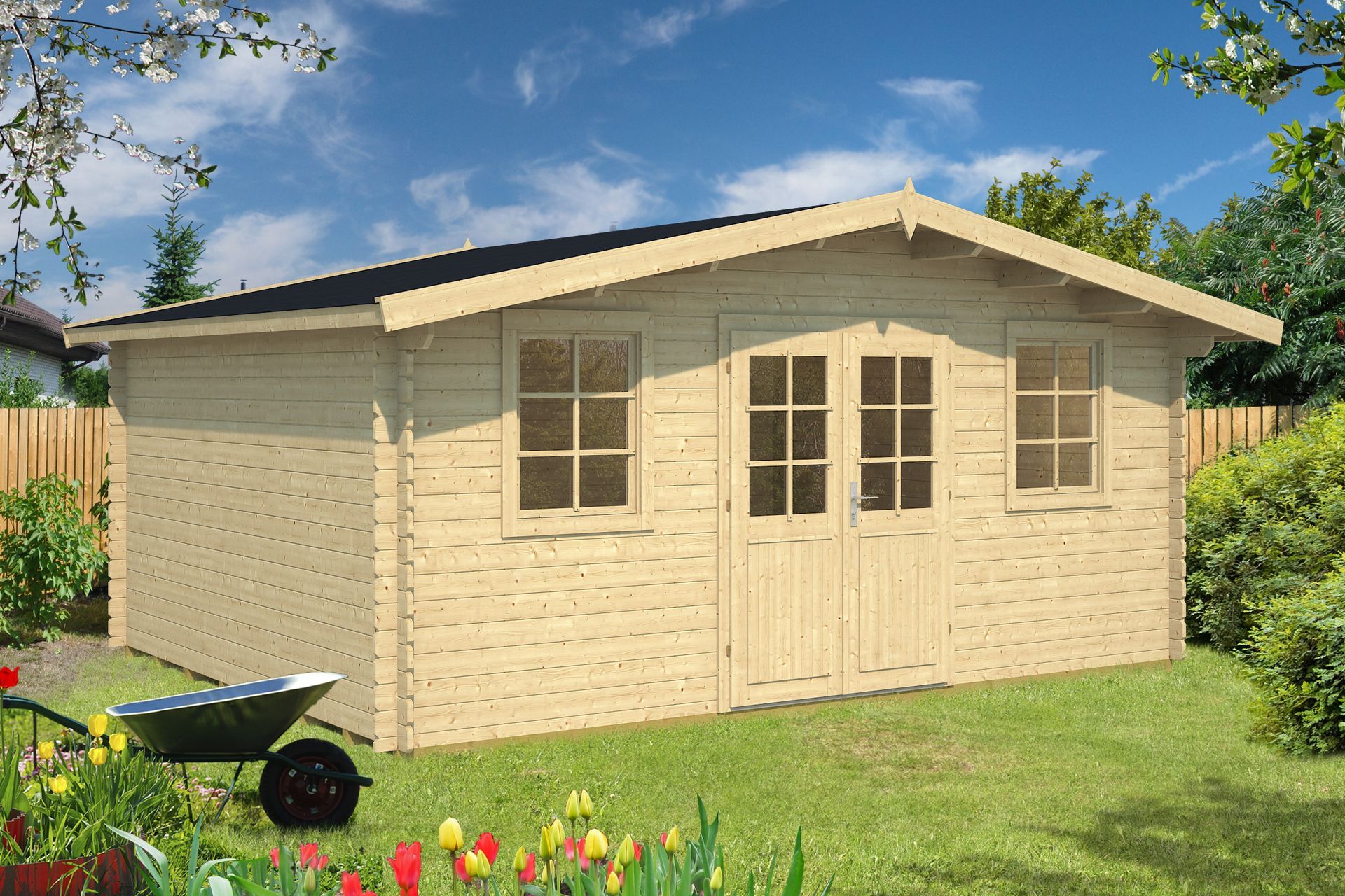 Beige garden shed with double doors and windows in a grassy backyard under a blue sky