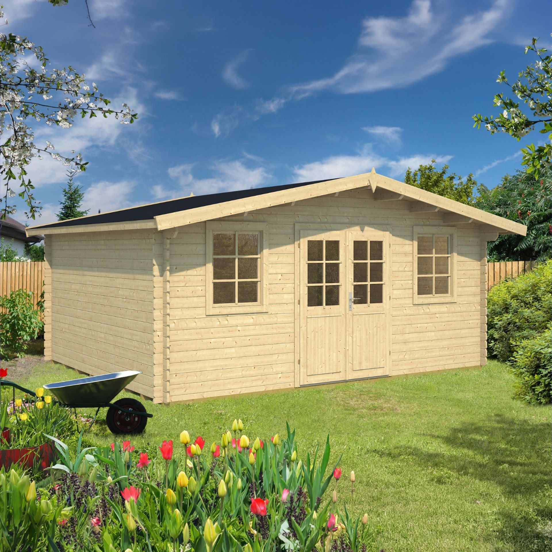 Oralie 18 - Beige garden shed with double doors, windows, and a wheelbarrow in a flowered backyard under a blue sky