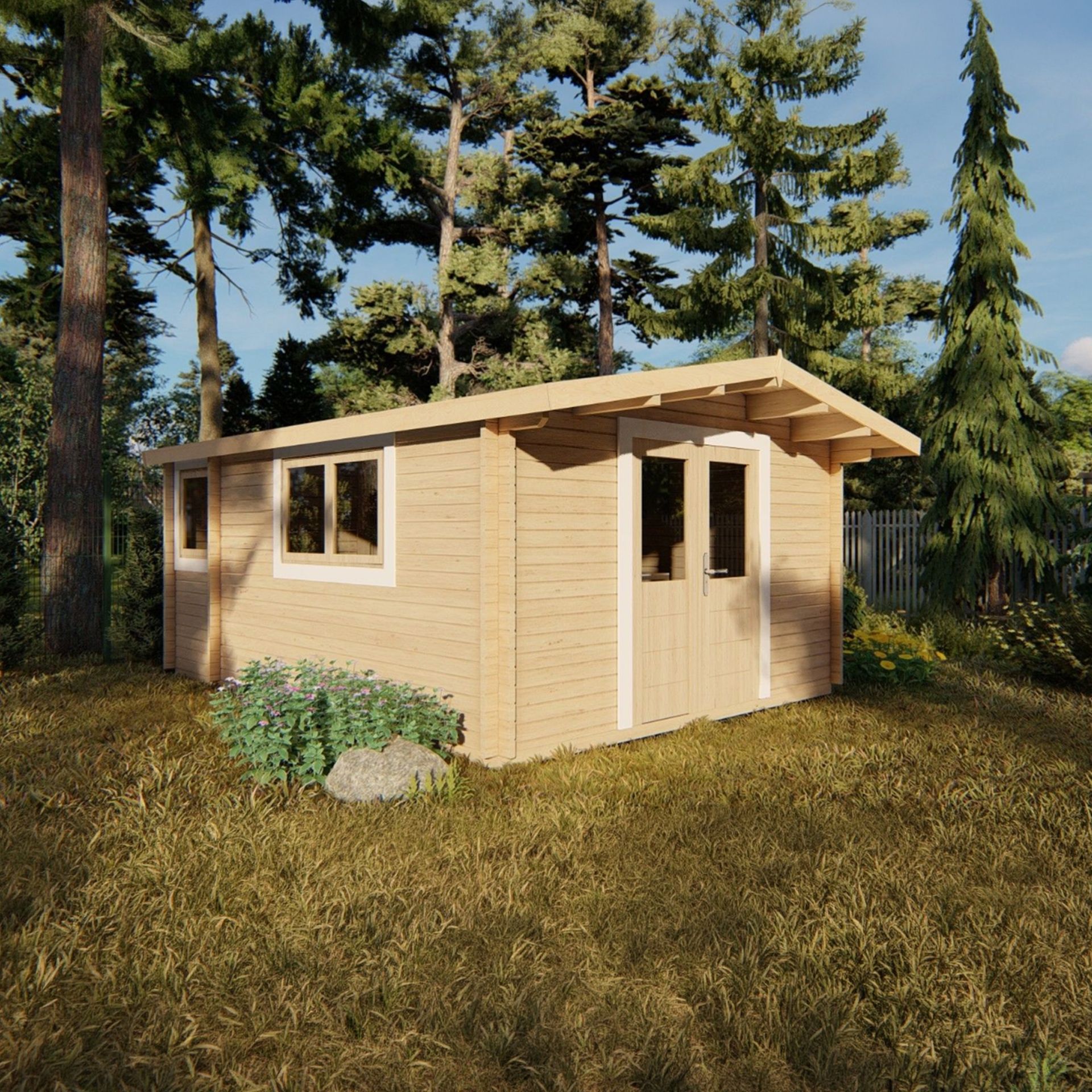 Oran 20 - Small light-wood garden shed with windows and a door, standing in a grassy yard among tall trees.