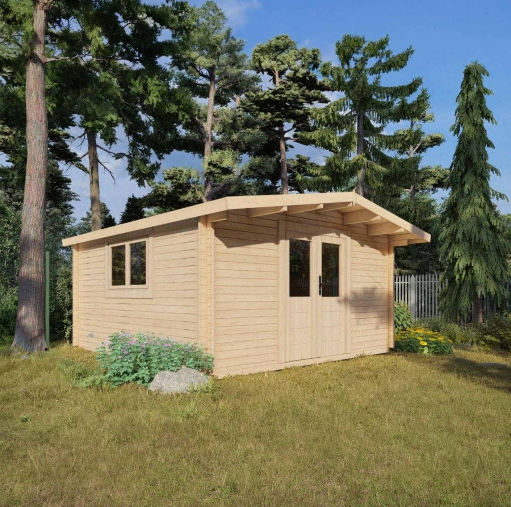 Oscar 20 - Small light-wood garden shed with a slanted roof, set on grass among tall trees.