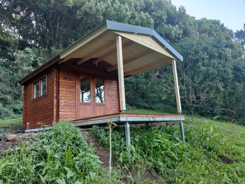 Small wooden cabin with a covered porch on stilts, surrounded by lush green forest.