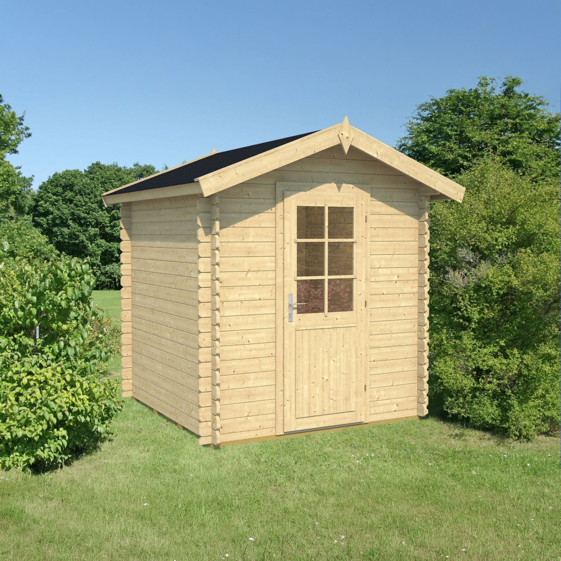 Sabine 4 - Small beige wooden garden shed with a front door and windows