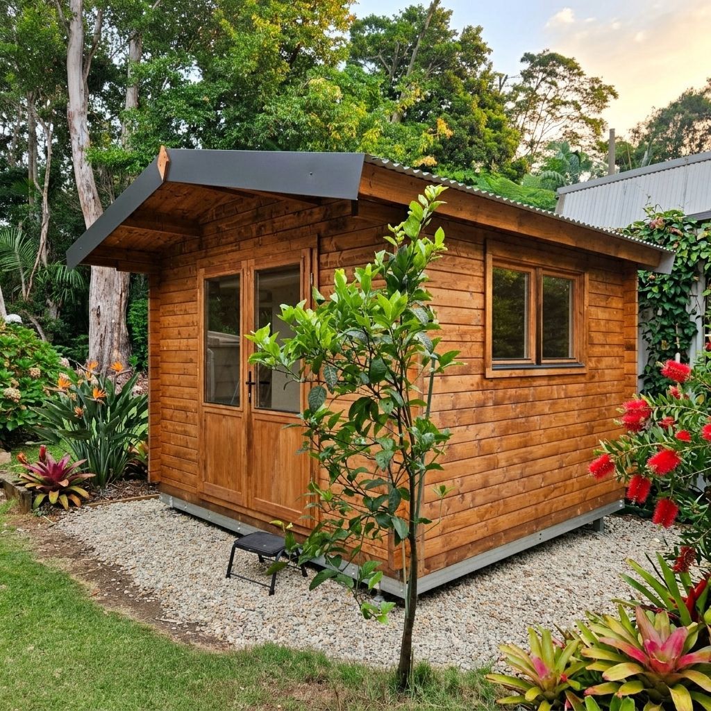 Small wooden garden cabin with windows, surrounded by gravel, plants, and trees.