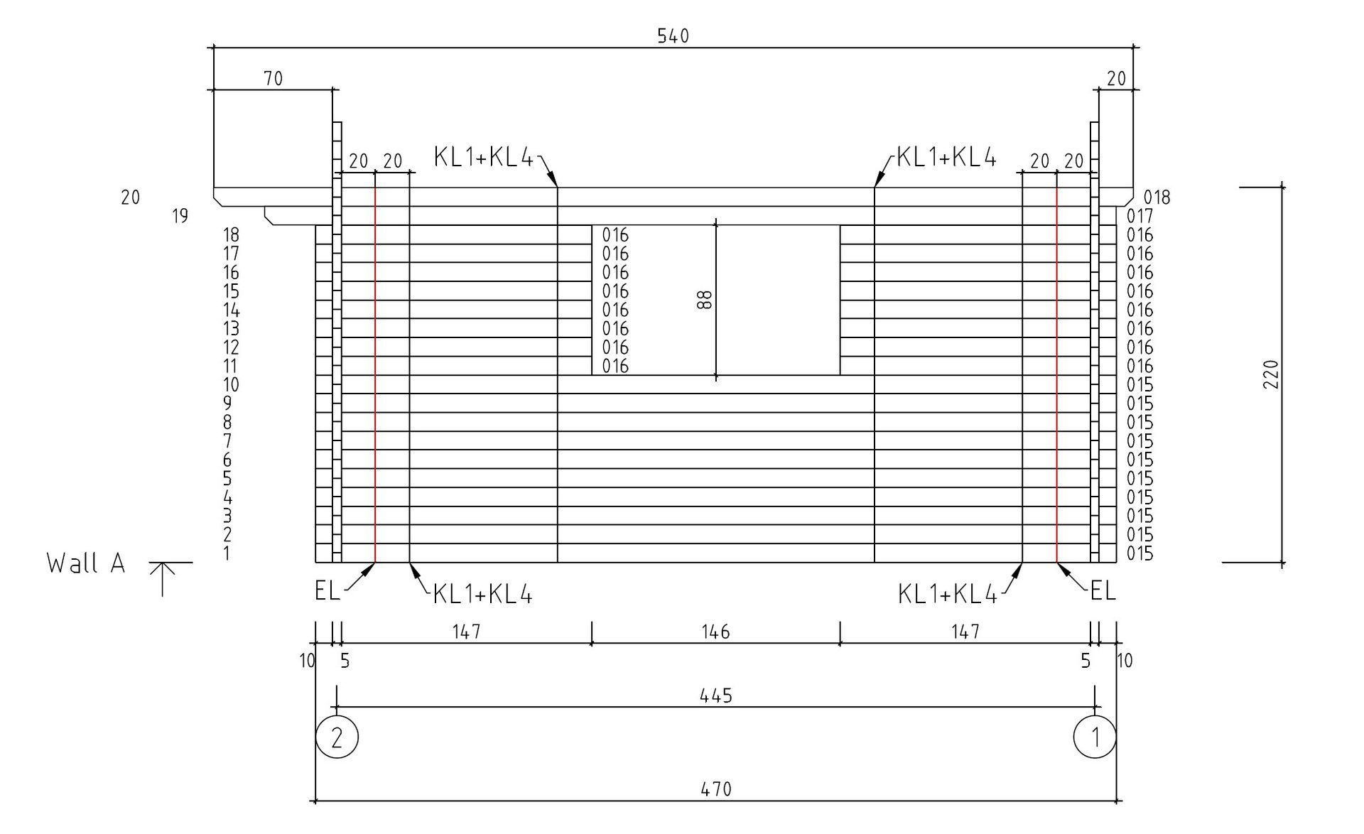 Technical engineering drawing of a rectangular structural layout with dimensions and labels.