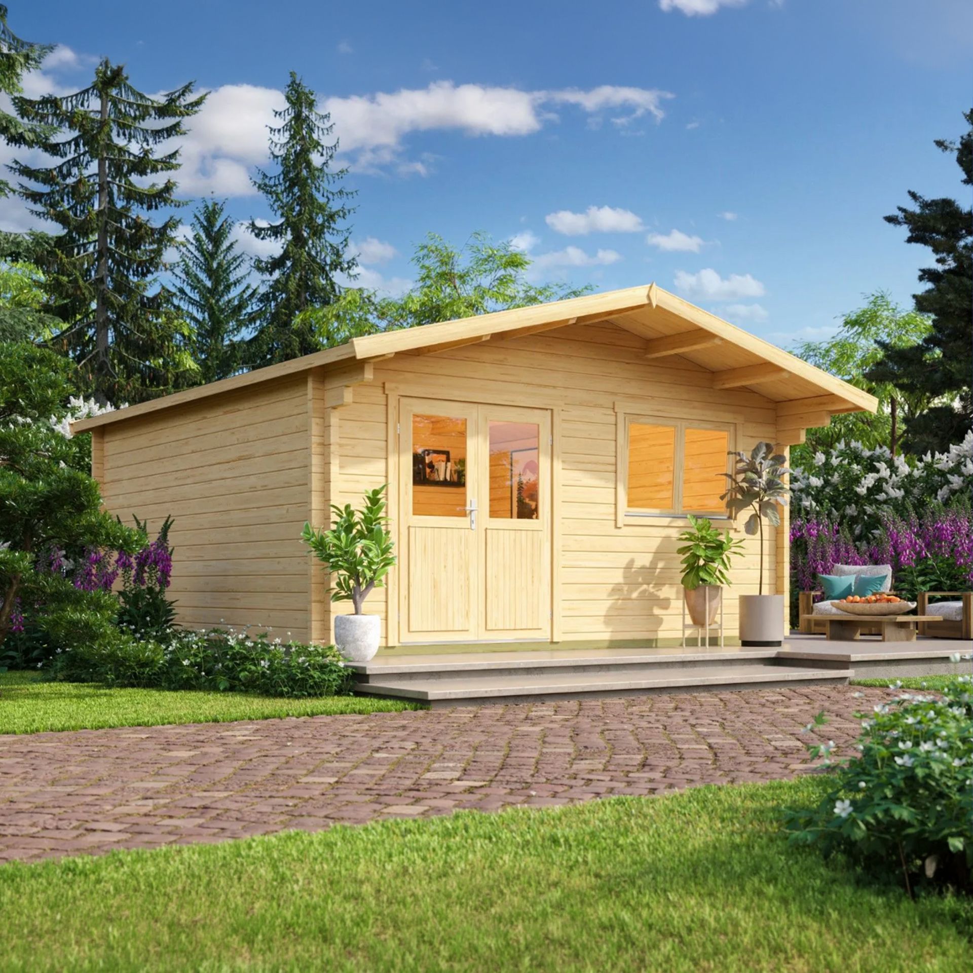 Spiekeroog 24 - Small light-wood garden shed with double doors, in a landscaped yard with flowers and trees under a blue sky