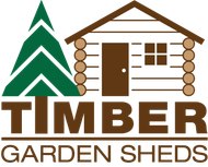 Timber Garden Sheds logo with brown cabin, green pine tree, and text on white background