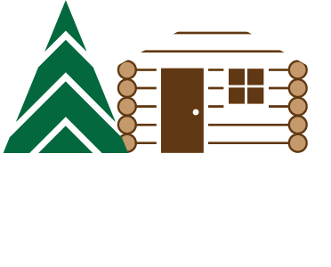 Green pine tree beside a brown log cabin with door and window