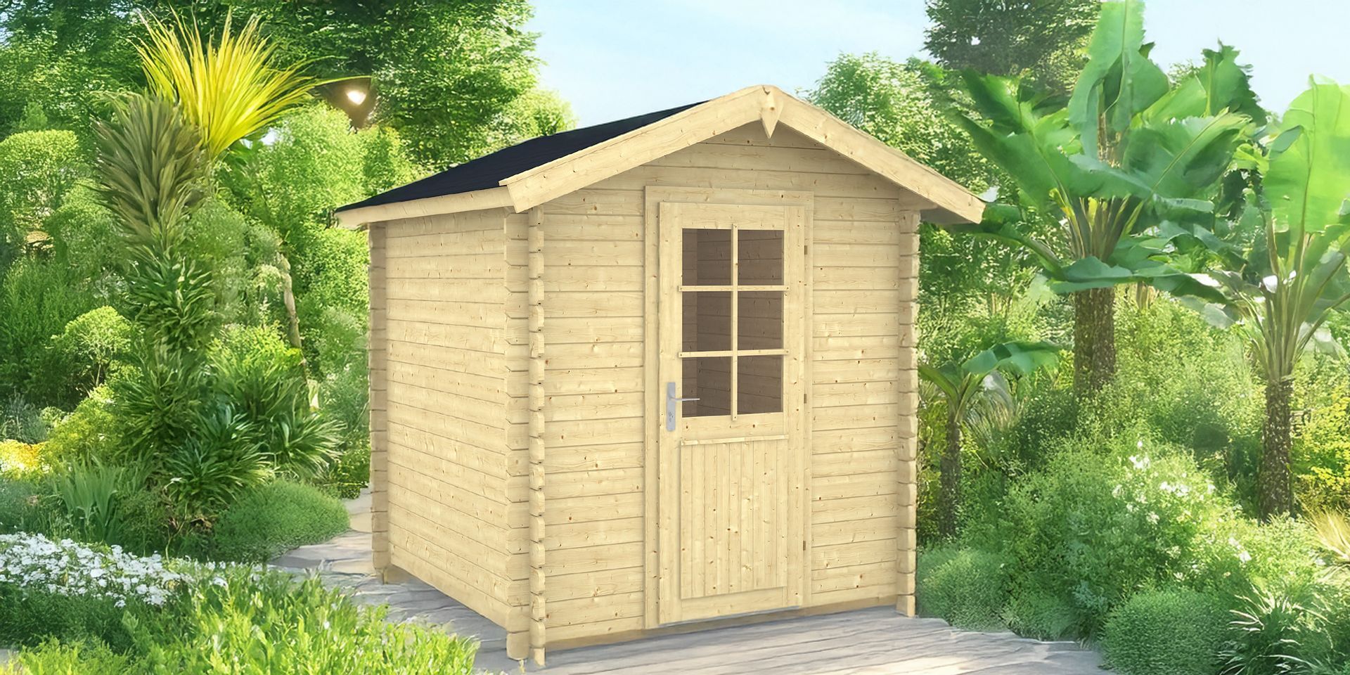 Small beige wooden garden shed with a door and window, set among lush green plants.