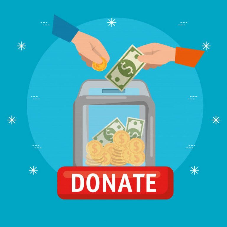 Hands dropping cash into a donation box with coins and a red DONATE label