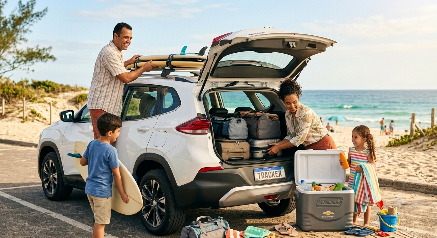 Family loading beach gear into white SUV by the ocean, with open trunk and cooler.