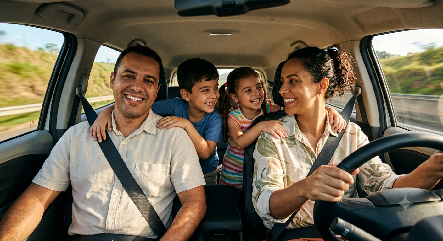 Family riding in a car, smiling and chatting as the driver steers on a sunny road.
