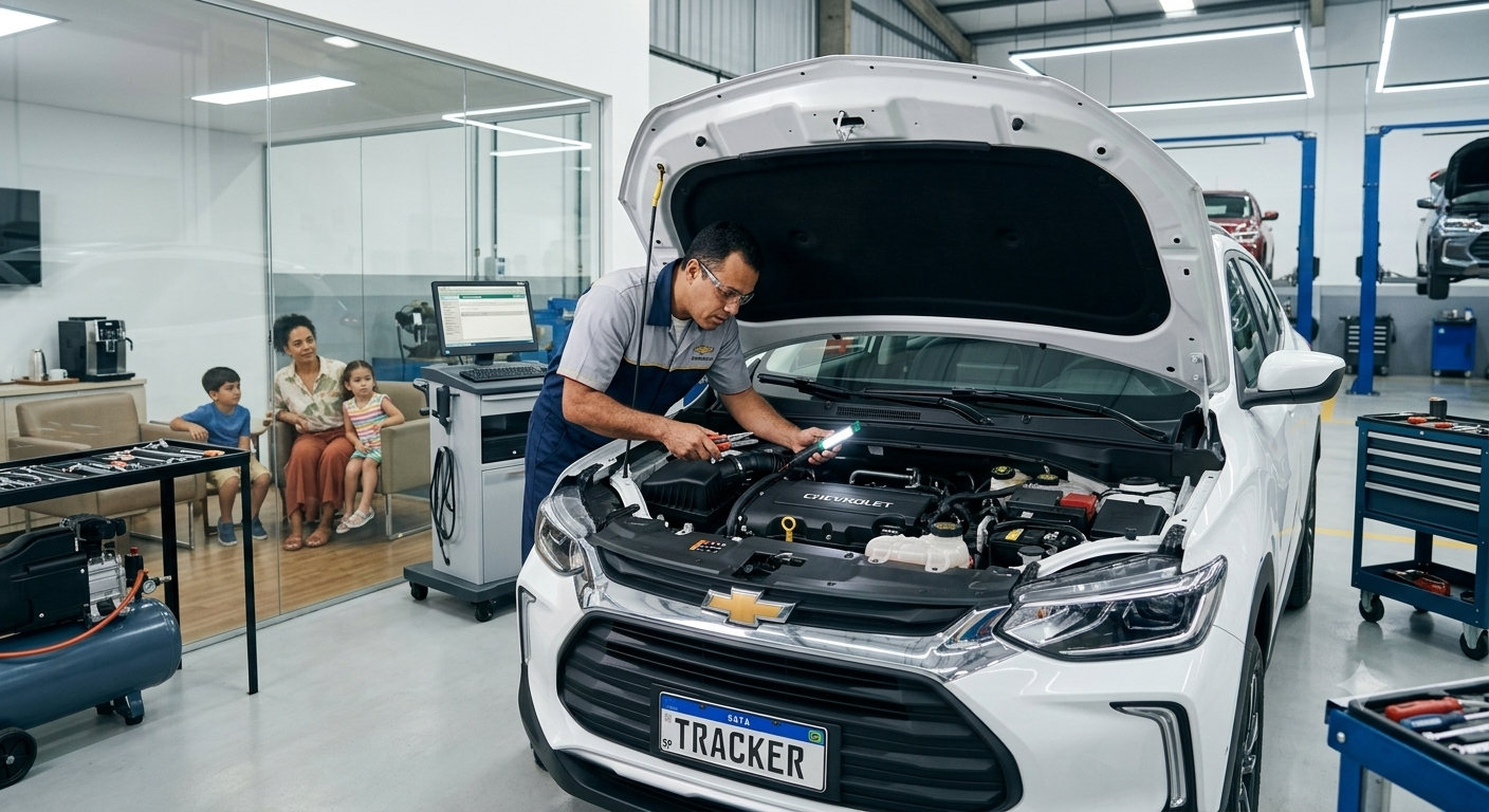 Mechanic inspecting a white Chevrolet SUV with open hood in an auto repair shop
